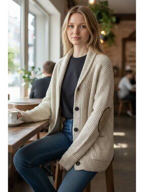 H&M Wool Blend Cardigan Shawl Collar Elbow Patches Pockets Size M Womens Cozy